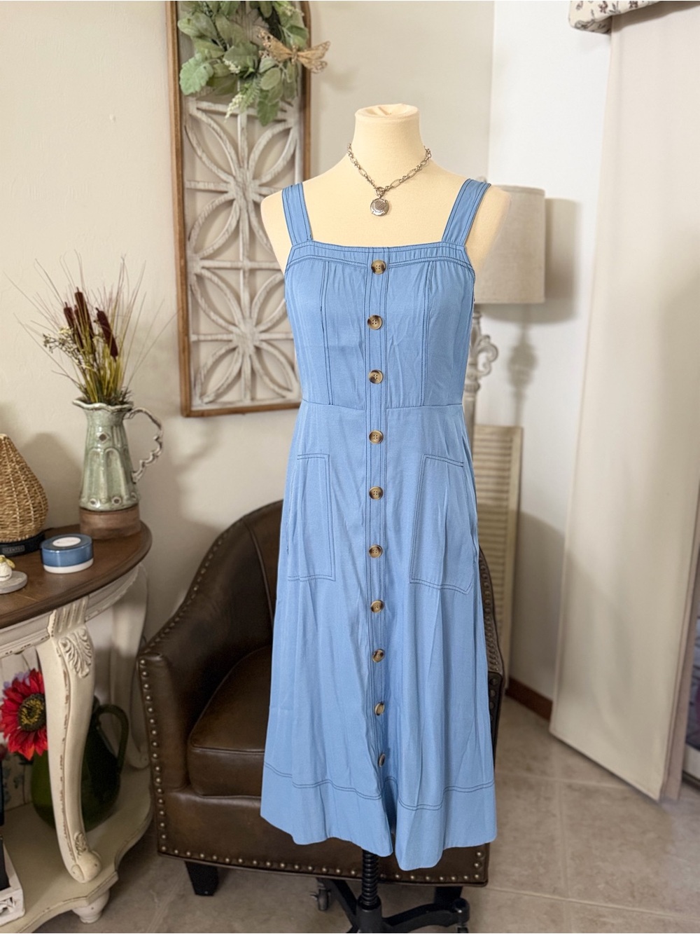 Source Unknown Light Blue Button-Front Midi Sundress